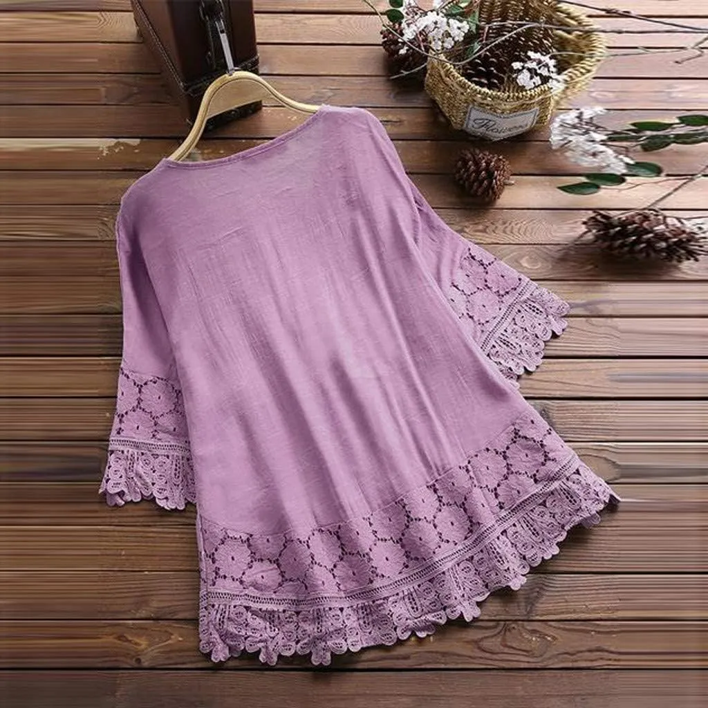 Dgoopd 3/4 Length Sleeve Womens Tops Oversized Cotton Tee Shirts Embroidered Floral Lace V Neck T-Shirt Summer Trendy Blouses
