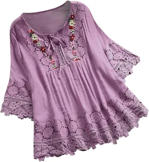 Dgoopd 3/4 Length Sleeve Womens Tops Oversized Cotton Tee Shirts Embroidered Floral Lace V Neck T-Shirt Summer Trendy Blouses