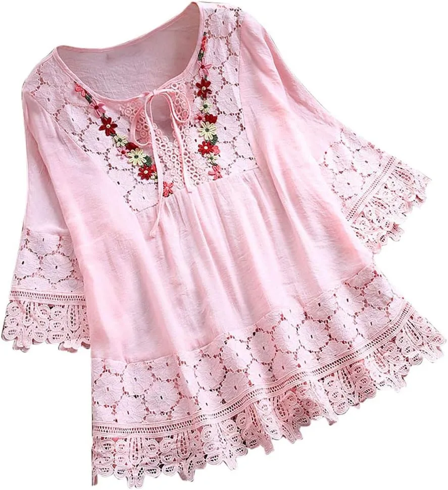 Dgoopd 3/4 Length Sleeve Womens Tops Oversized Cotton Tee Shirts Embroidered Floral Lace V Neck T-Shirt Summer Trendy Blouses