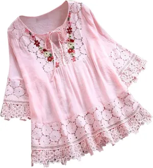 Dgoopd 3/4 Length Sleeve Womens Tops Oversized Cotton Tee Shirts Embroidered Floral Lace V Neck T-Shirt Summer Trendy Blouses