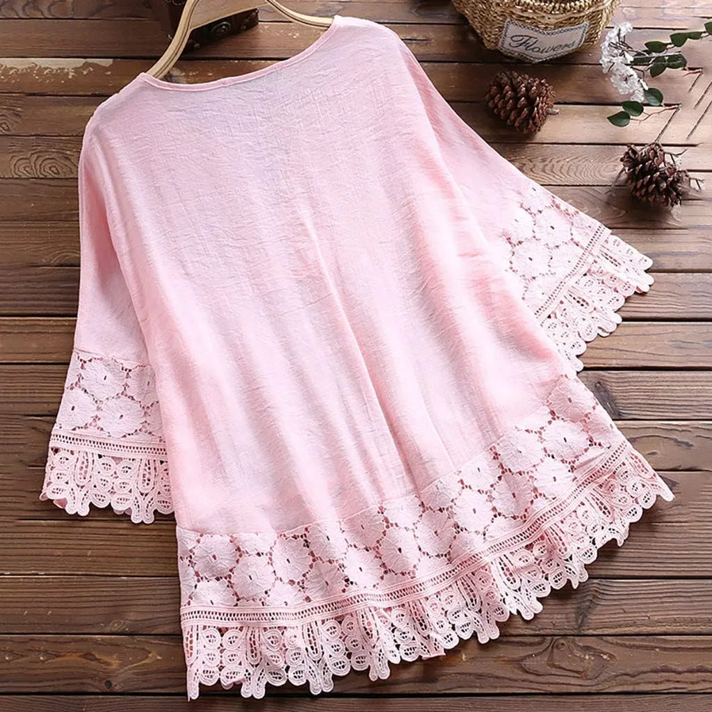 Dgoopd 3/4 Length Sleeve Womens Tops Oversized Cotton Tee Shirts Embroidered Floral Lace V Neck T-Shirt Summer Trendy Blouses