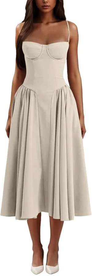 Dresses for Women Elegant Spaghetti Strap Midi Dress Pleated Low Cut Bustier Off Shoulder Dresses