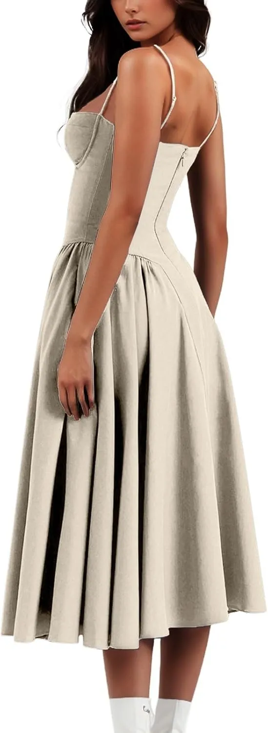 Dresses for Women Elegant Spaghetti Strap Midi Dress Pleated Low Cut Bustier Off Shoulder Dresses