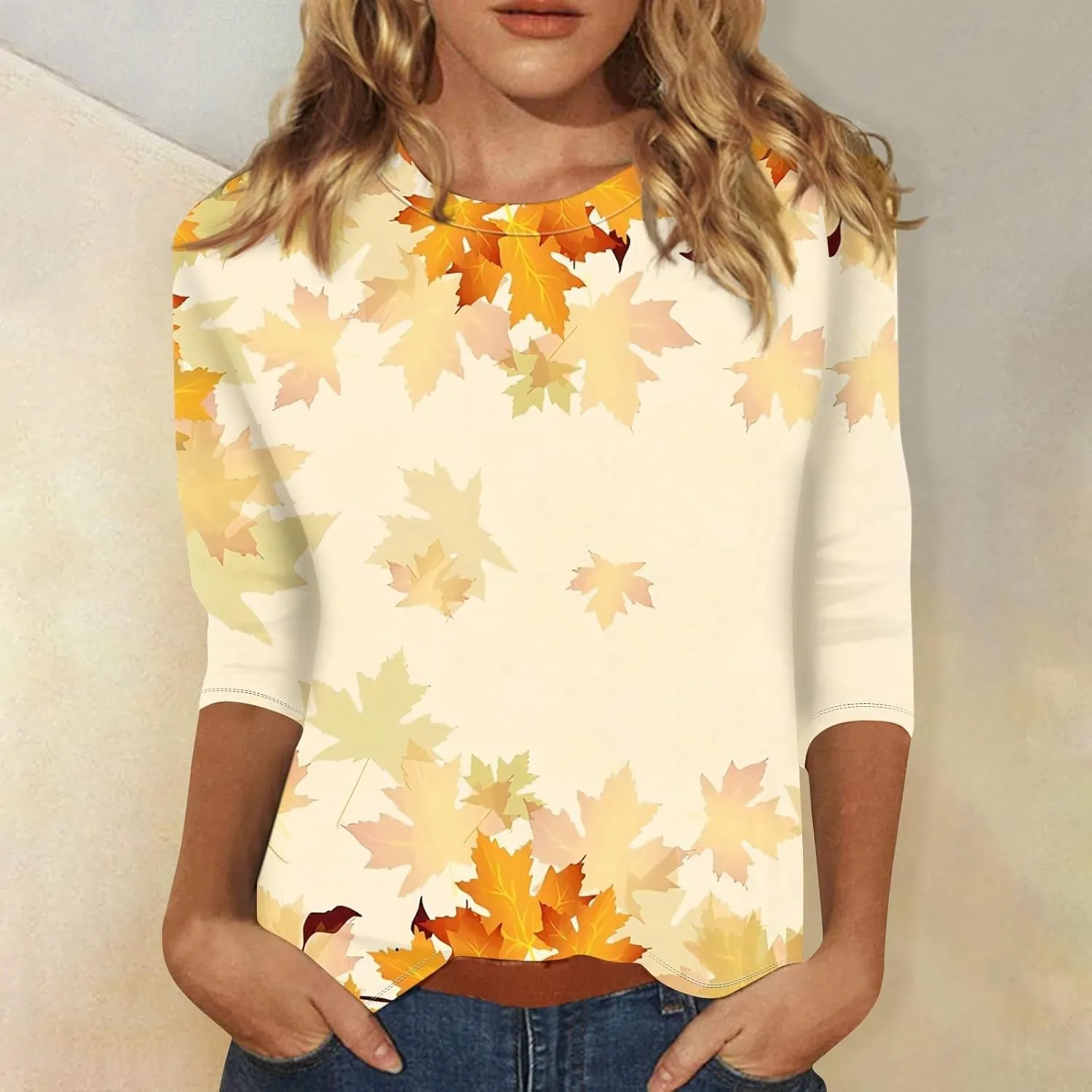 Dressy Tops for Women 2024 Elbow Sleeve T-Shirts Cotton Crew Neck Blouses Floral Print Loose Fit Dressy Summer Tops