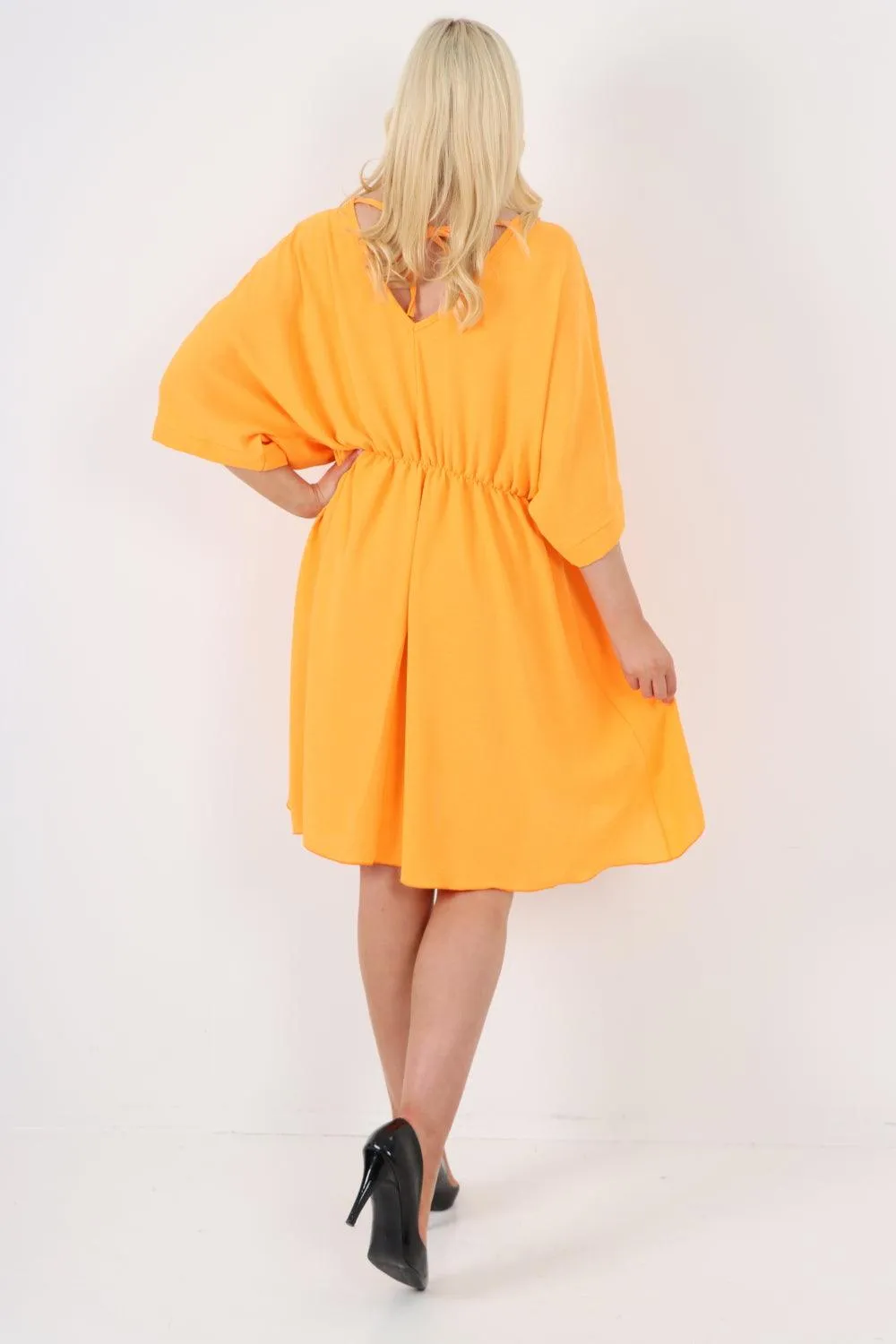Elasticated Waist Back Open Tie Mini Dress