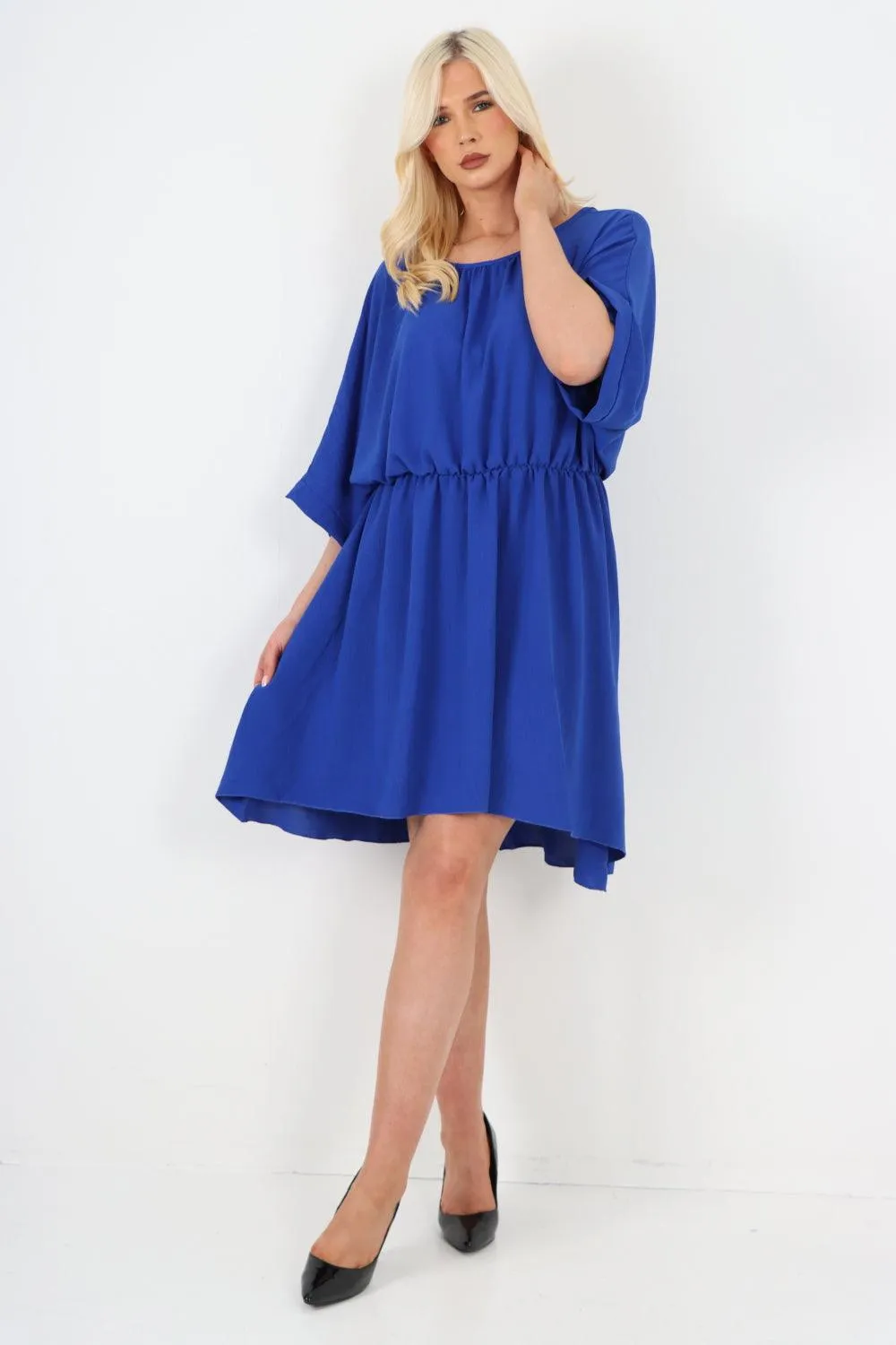 Elasticated Waist Back Open Tie Mini Dress