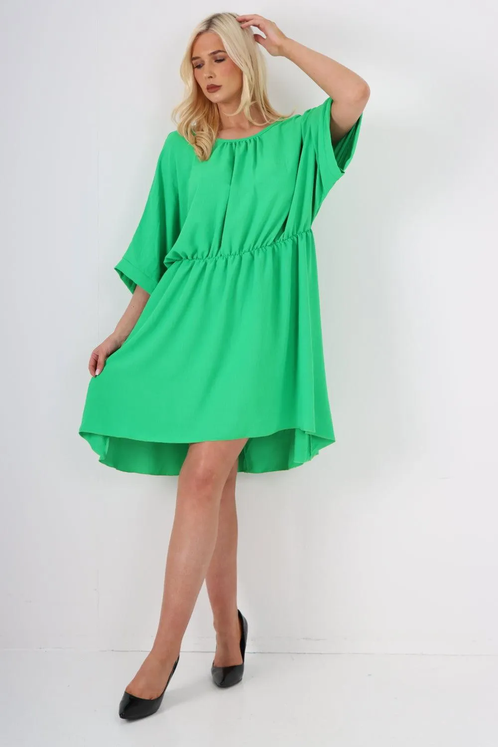 Elasticated Waist Back Open Tie Mini Dress