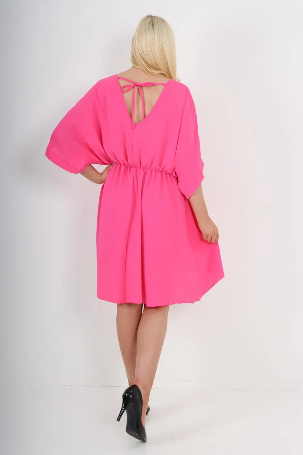 Elasticated Waist Back Open Tie Mini Dress