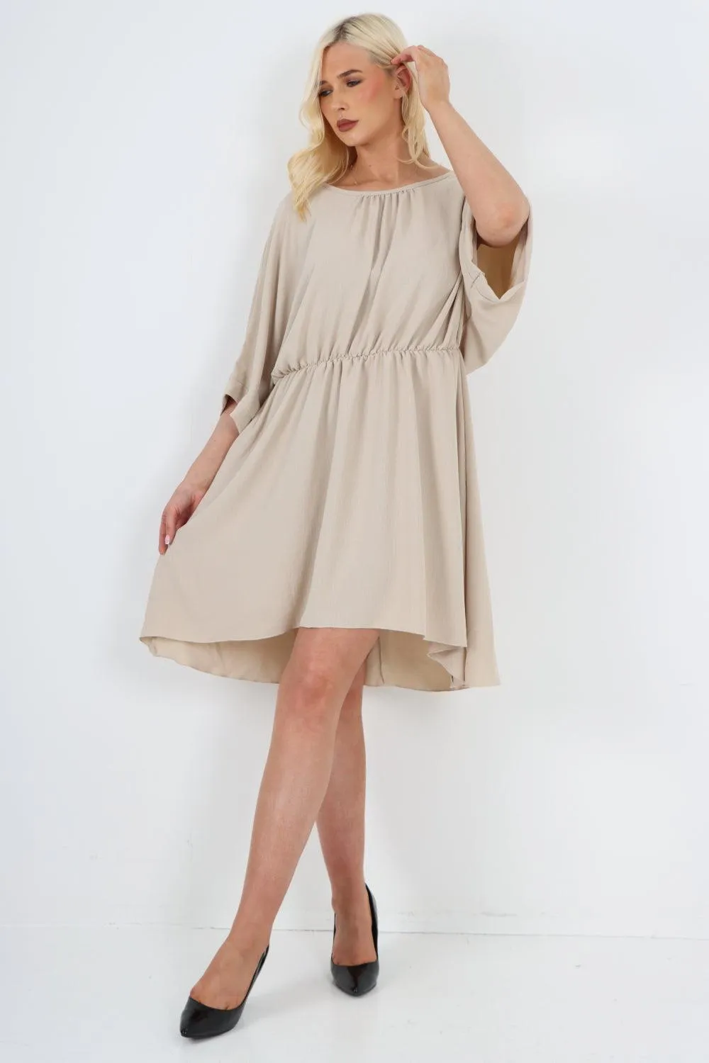 Elasticated Waist Back Open Tie Mini Dress