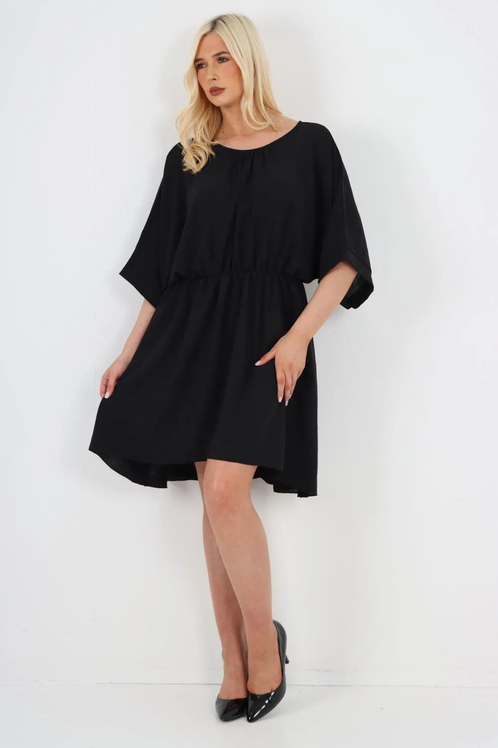 Elasticated Waist Back Open Tie Mini Dress