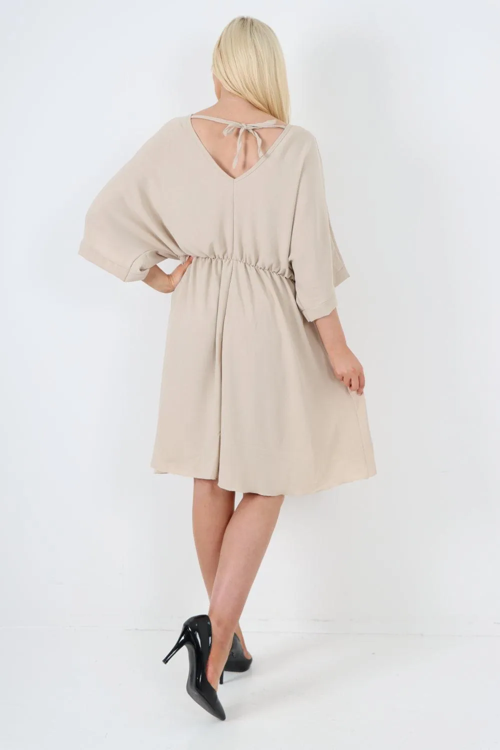 Elasticated Waist Back Open Tie Mini Dress