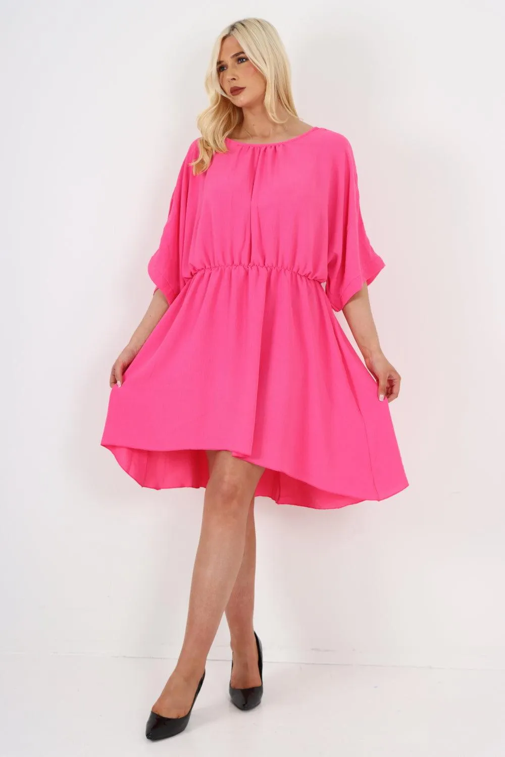 Elasticated Waist Back Open Tie Mini Dress