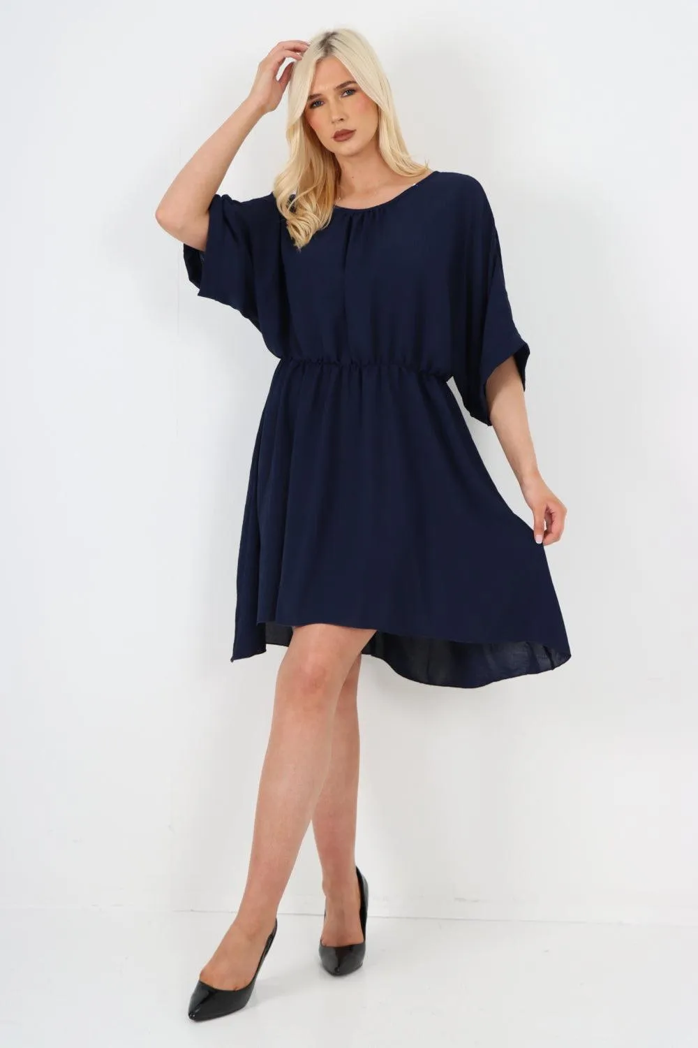 Elasticated Waist Back Open Tie Mini Dress