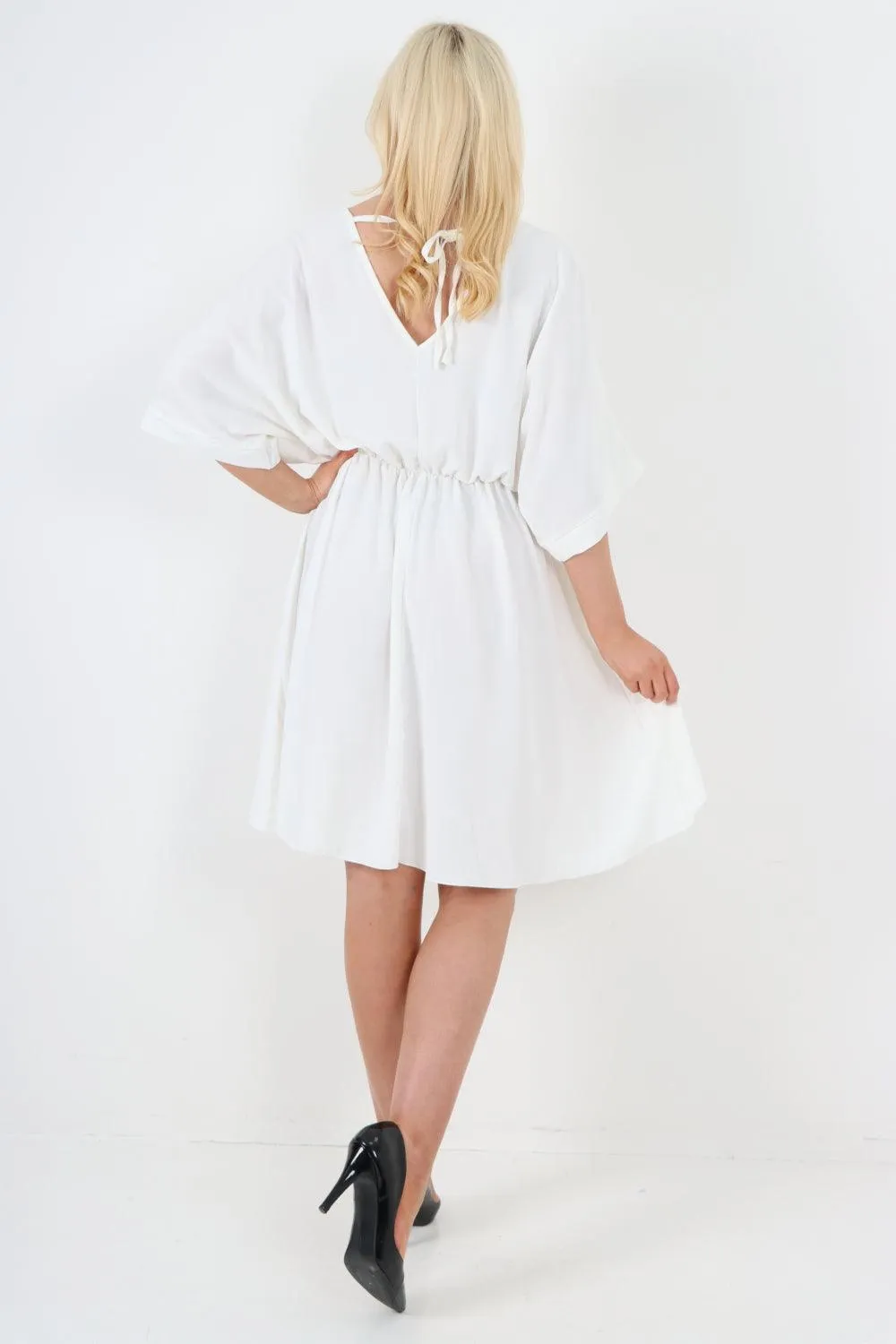 Elasticated Waist Back Open Tie Mini Dress