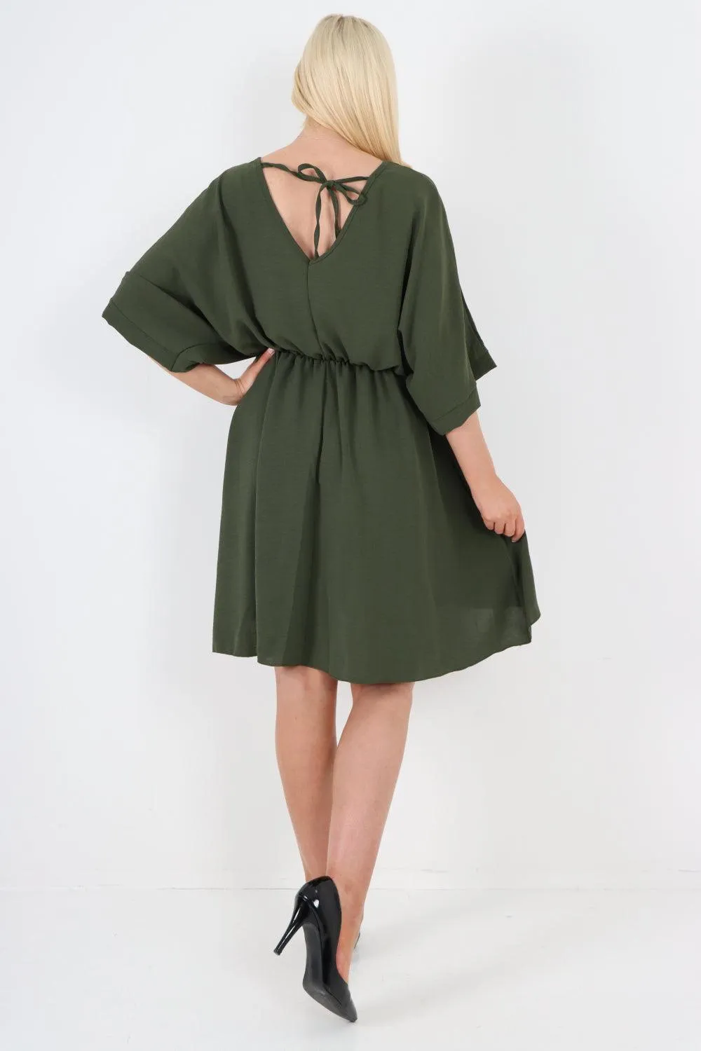 Elasticated Waist Back Open Tie Mini Dress