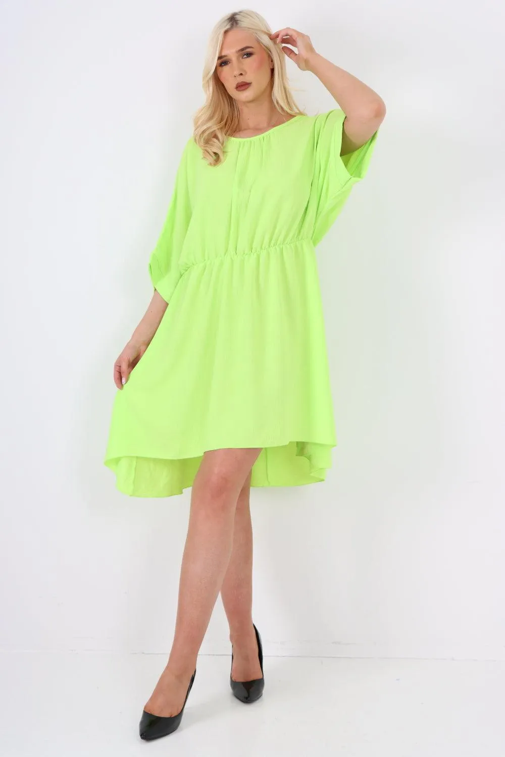Elasticated Waist Back Open Tie Mini Dress