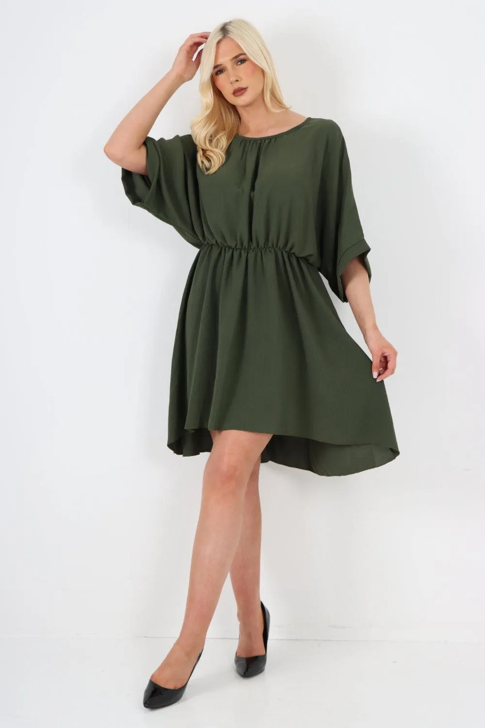 Elasticated Waist Back Open Tie Mini Dress