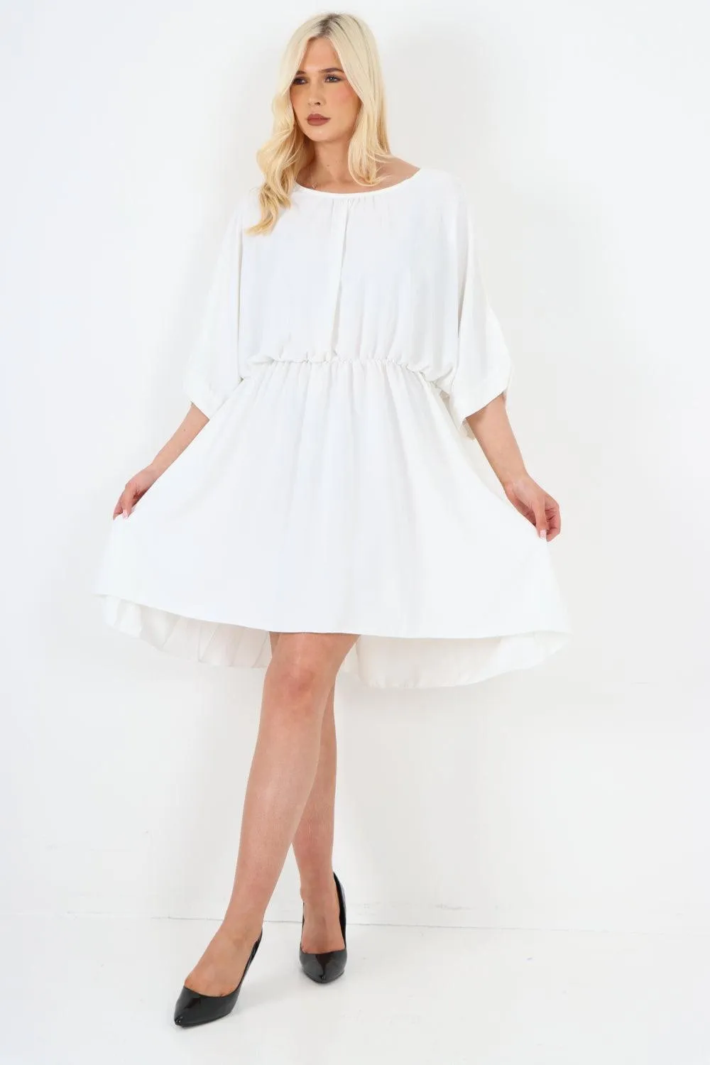 Elasticated Waist Back Open Tie Mini Dress