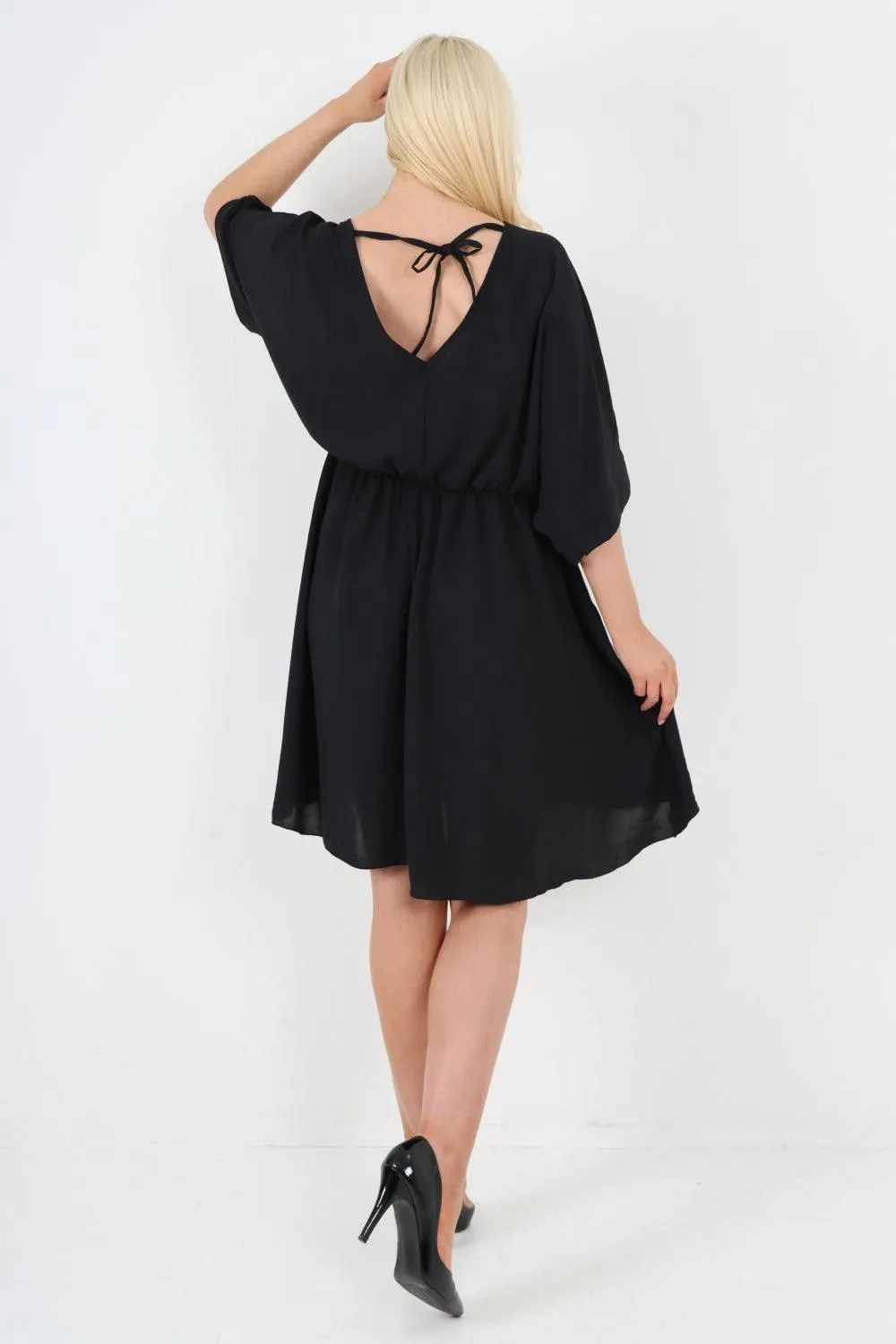 Elasticated Waist Back Open Tie Mini Dress