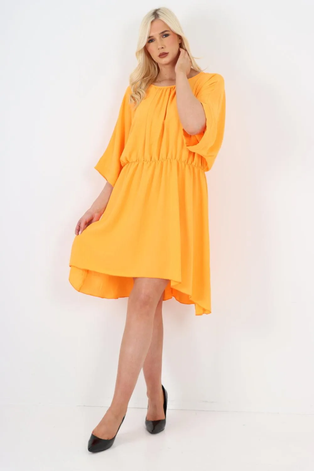 Elasticated Waist Back Open Tie Mini Dress