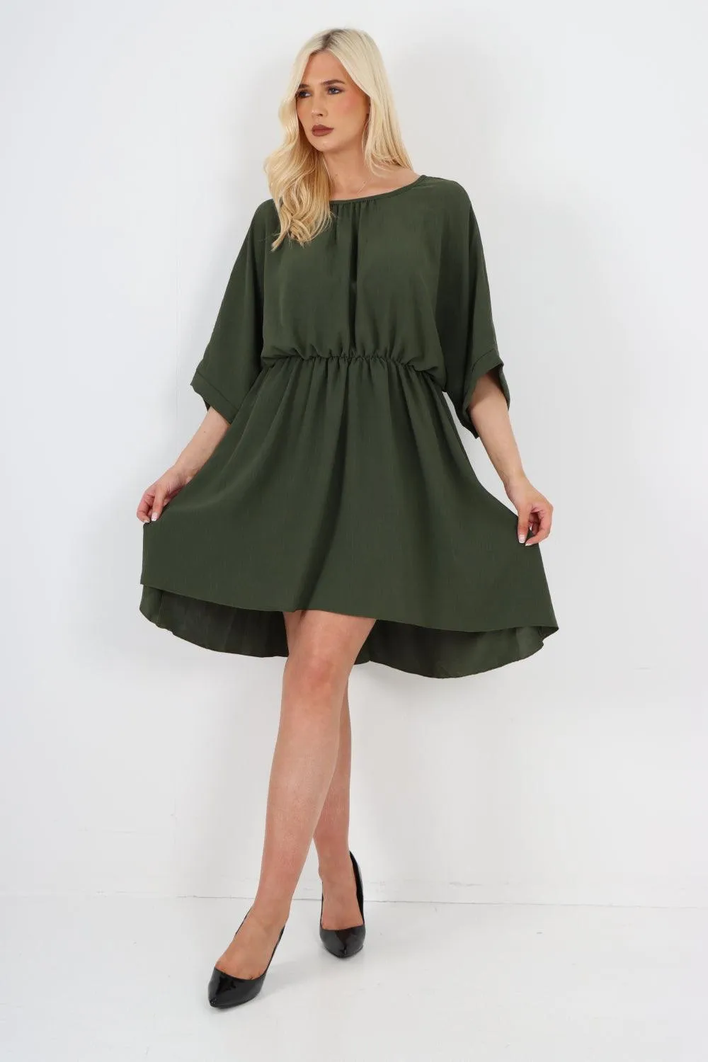 Elasticated Waist Back Open Tie Mini Dress