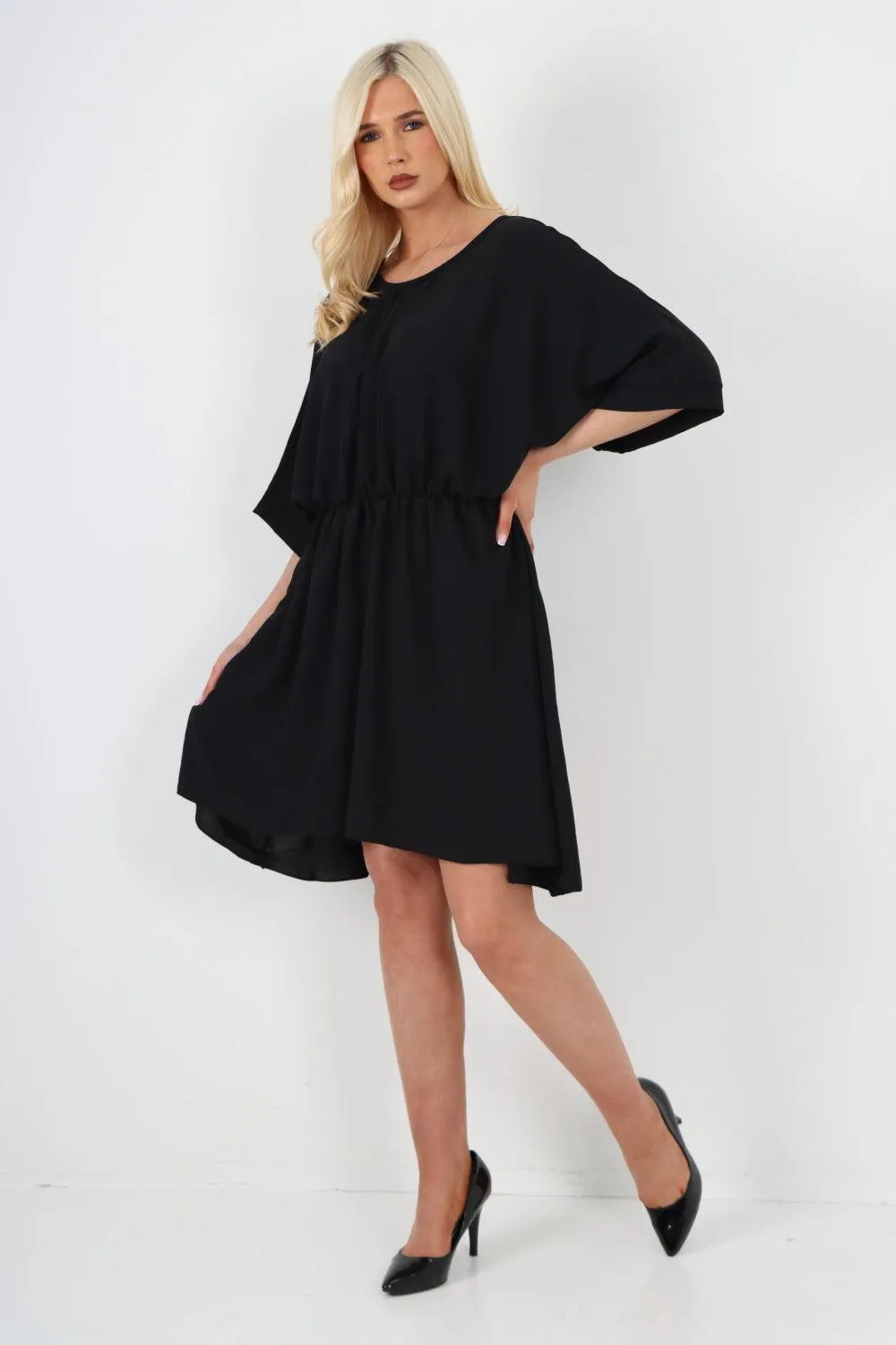 Elasticated Waist Back Open Tie Mini Dress