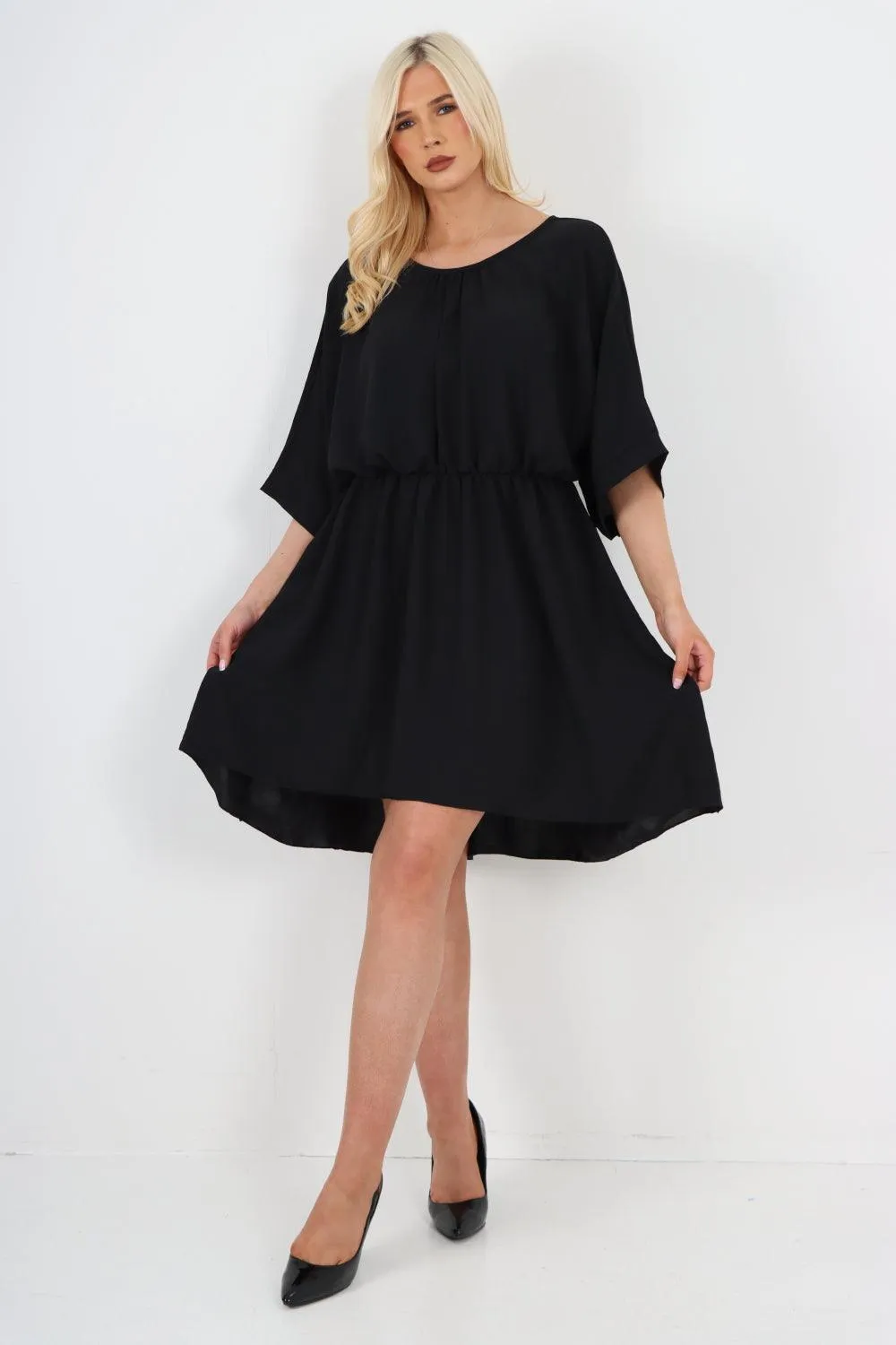 Elasticated Waist Back Open Tie Mini Dress