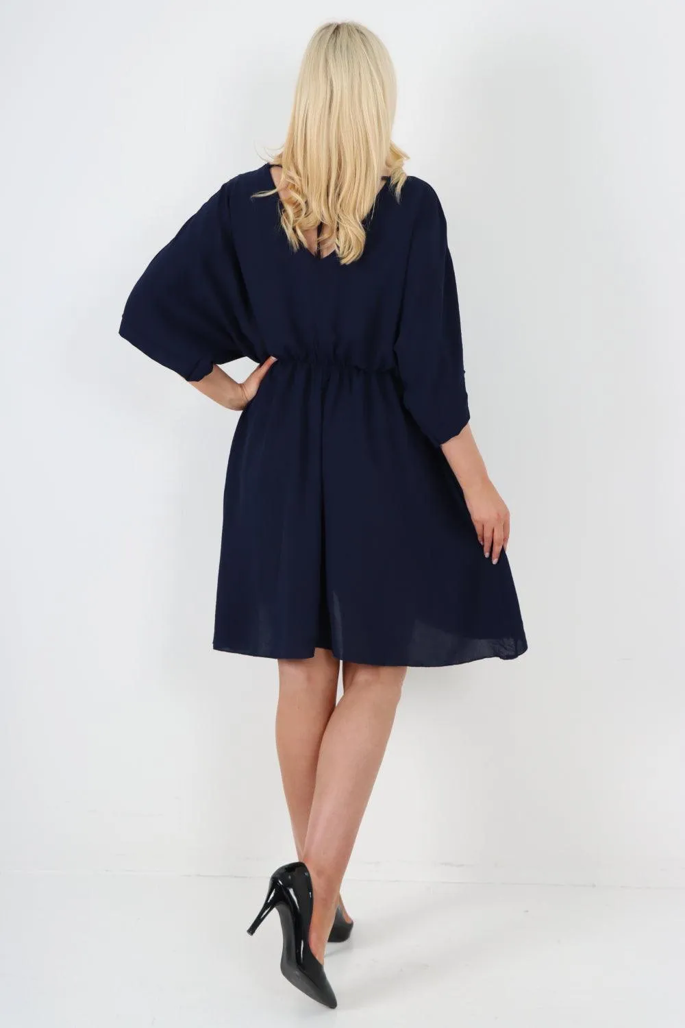Elasticated Waist Back Open Tie Mini Dress