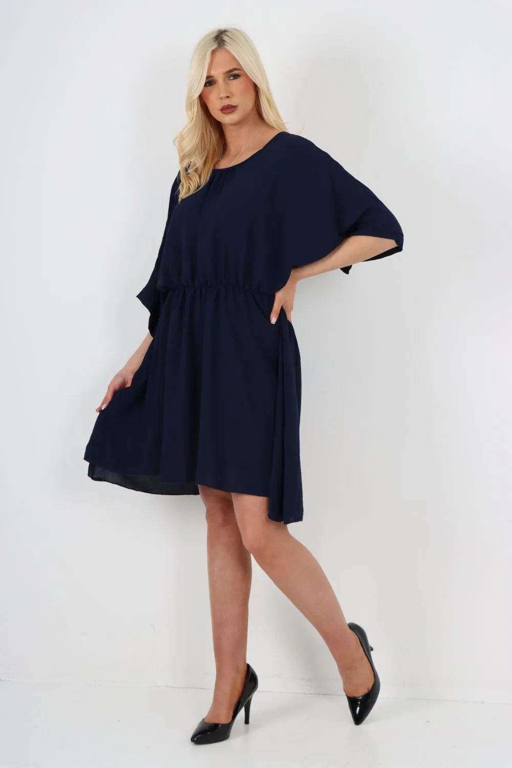 Elasticated Waist Back Open Tie Mini Dress