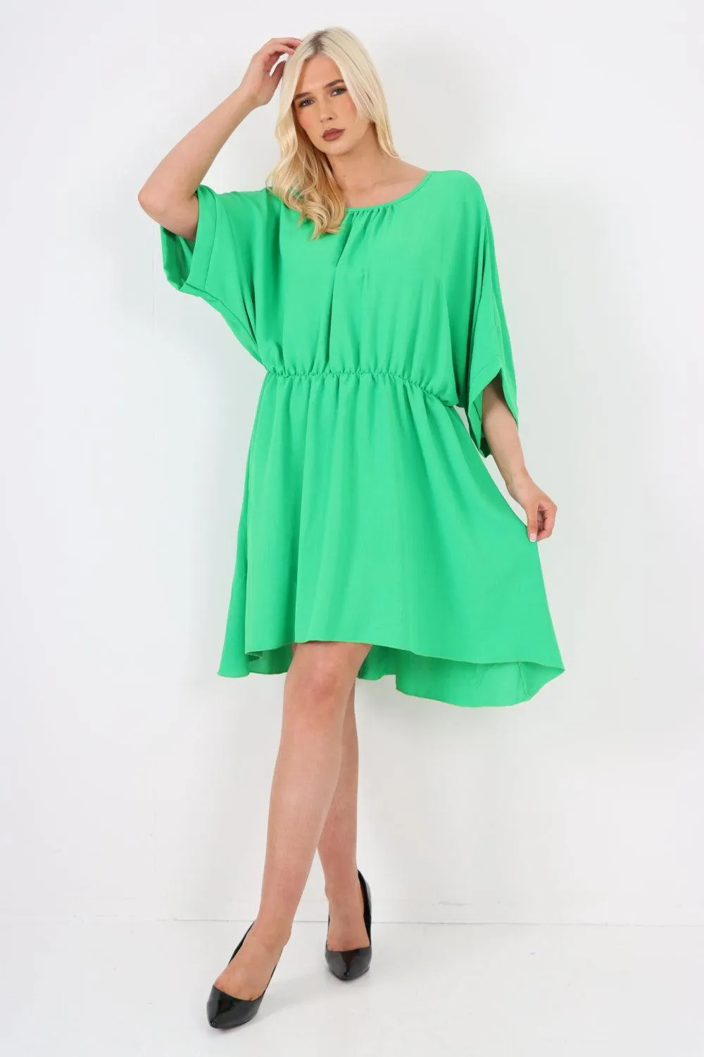Elasticated Waist Back Open Tie Mini Dress