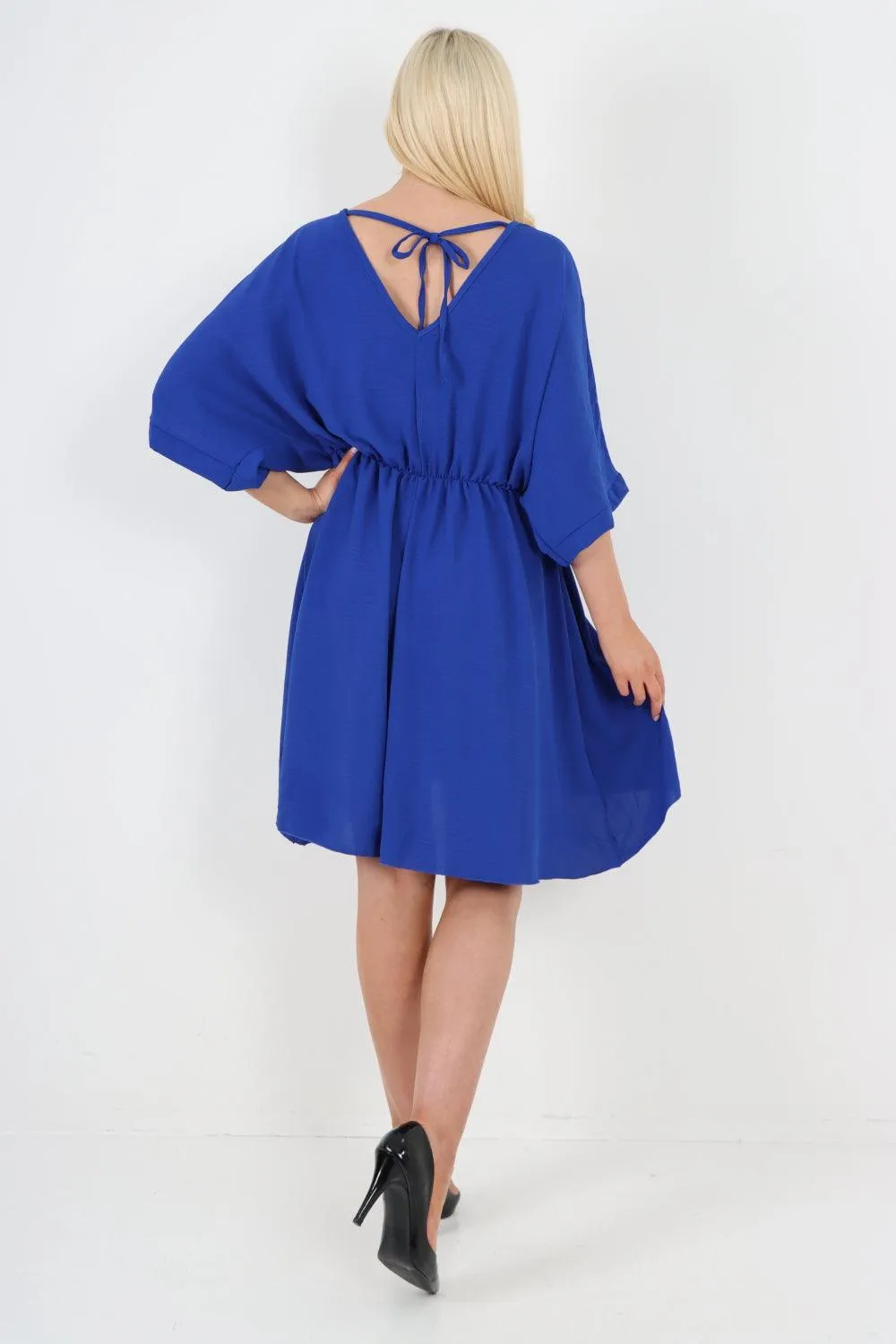 Elasticated Waist Back Open Tie Mini Dress