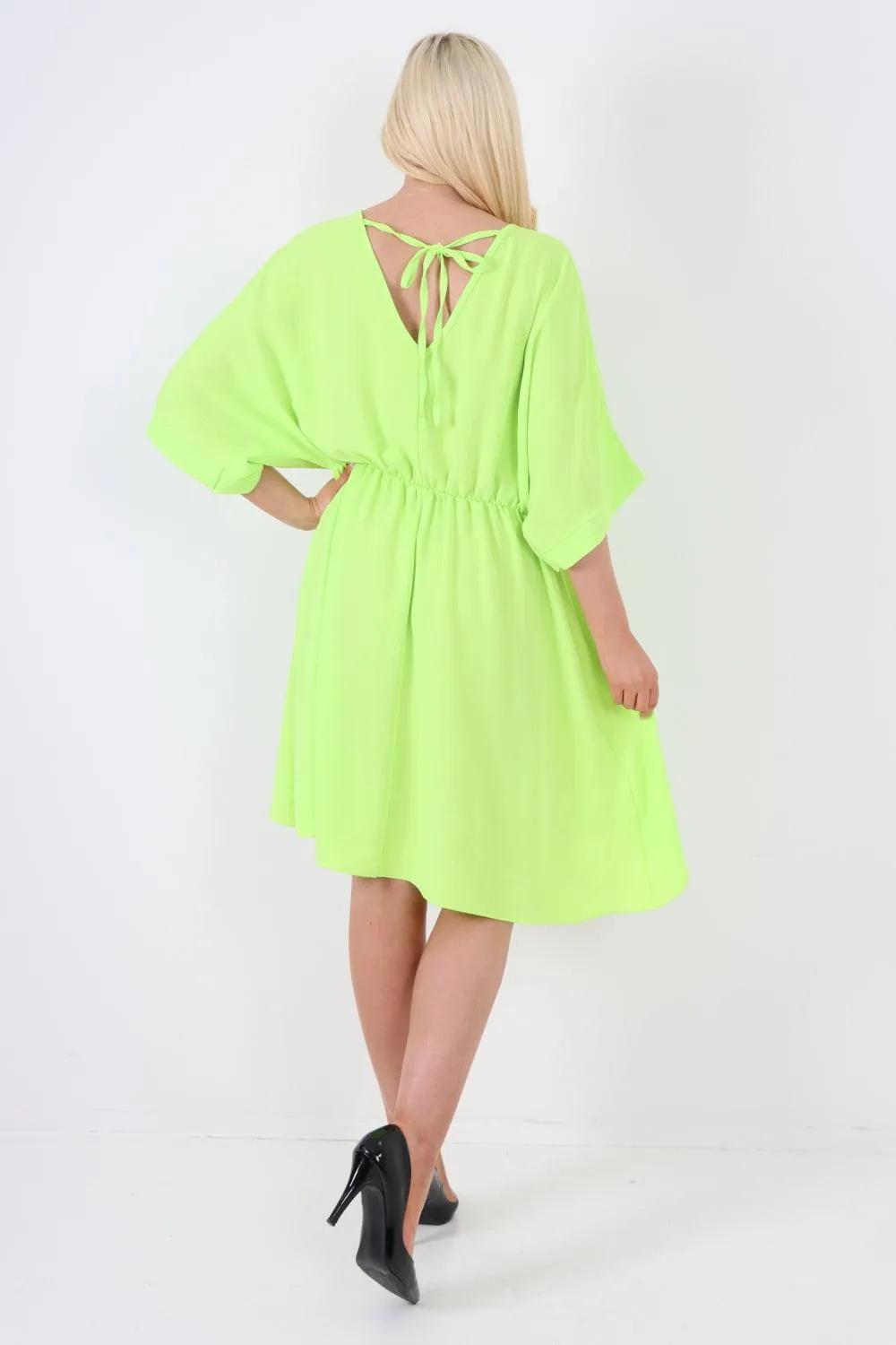 Elasticated Waist Back Open Tie Mini Dress