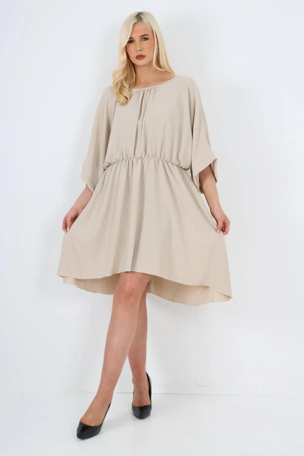 Elasticated Waist Back Open Tie Mini Dress
