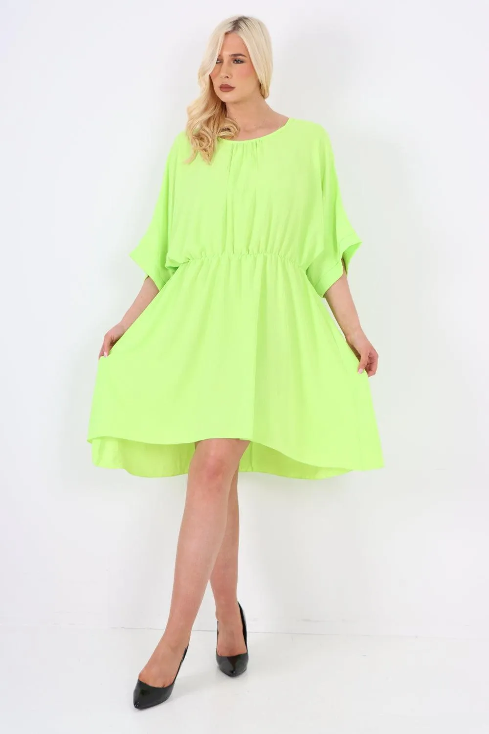 Elasticated Waist Back Open Tie Mini Dress