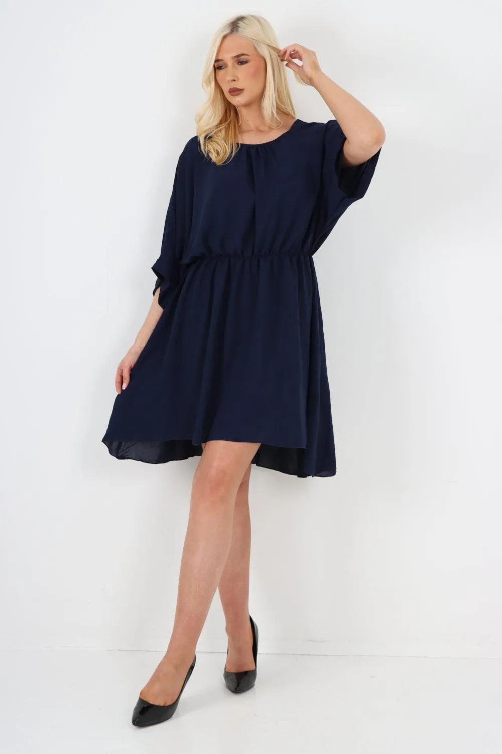 Elasticated Waist Back Open Tie Mini Dress
