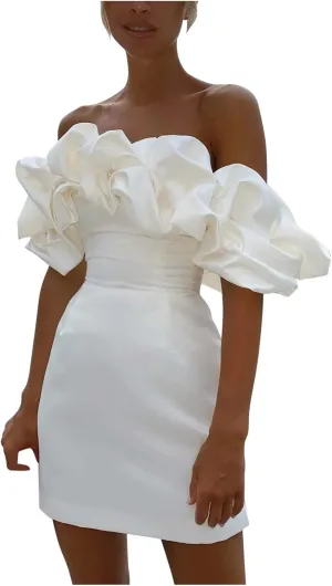 Elegant Off Shoulder Ruffle Mini Dress for Women Puff Sleeve Satin Bodycon Dress Formal Cocktail Party Wedding Look