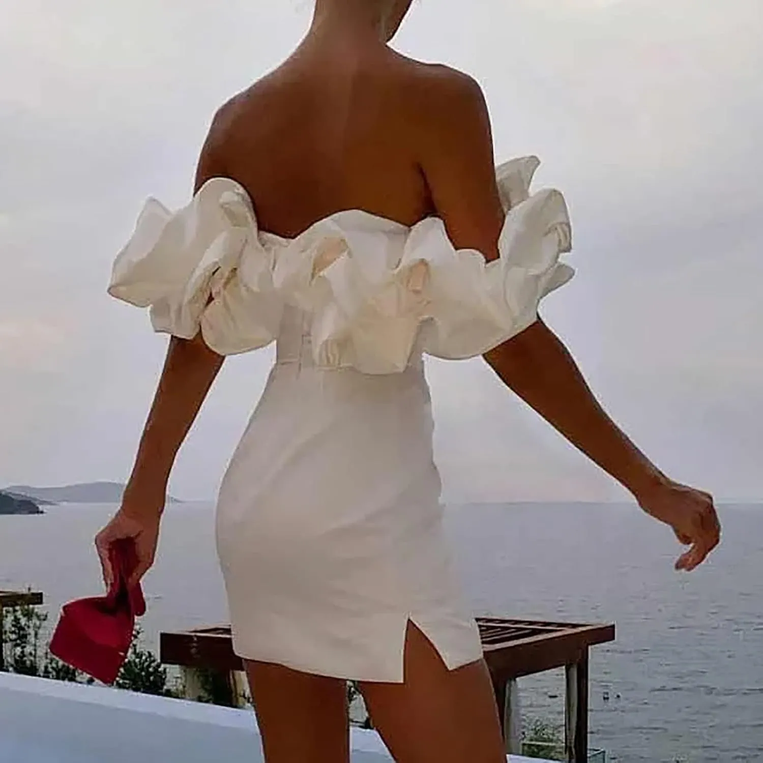 Elegant Off Shoulder Ruffle Mini Dress for Women Puff Sleeve Satin Bodycon Dress Formal Cocktail Party Wedding Look