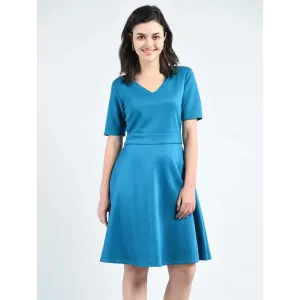 Elite Green Polyester Self Design V-Neck Knee Length Dress For Women