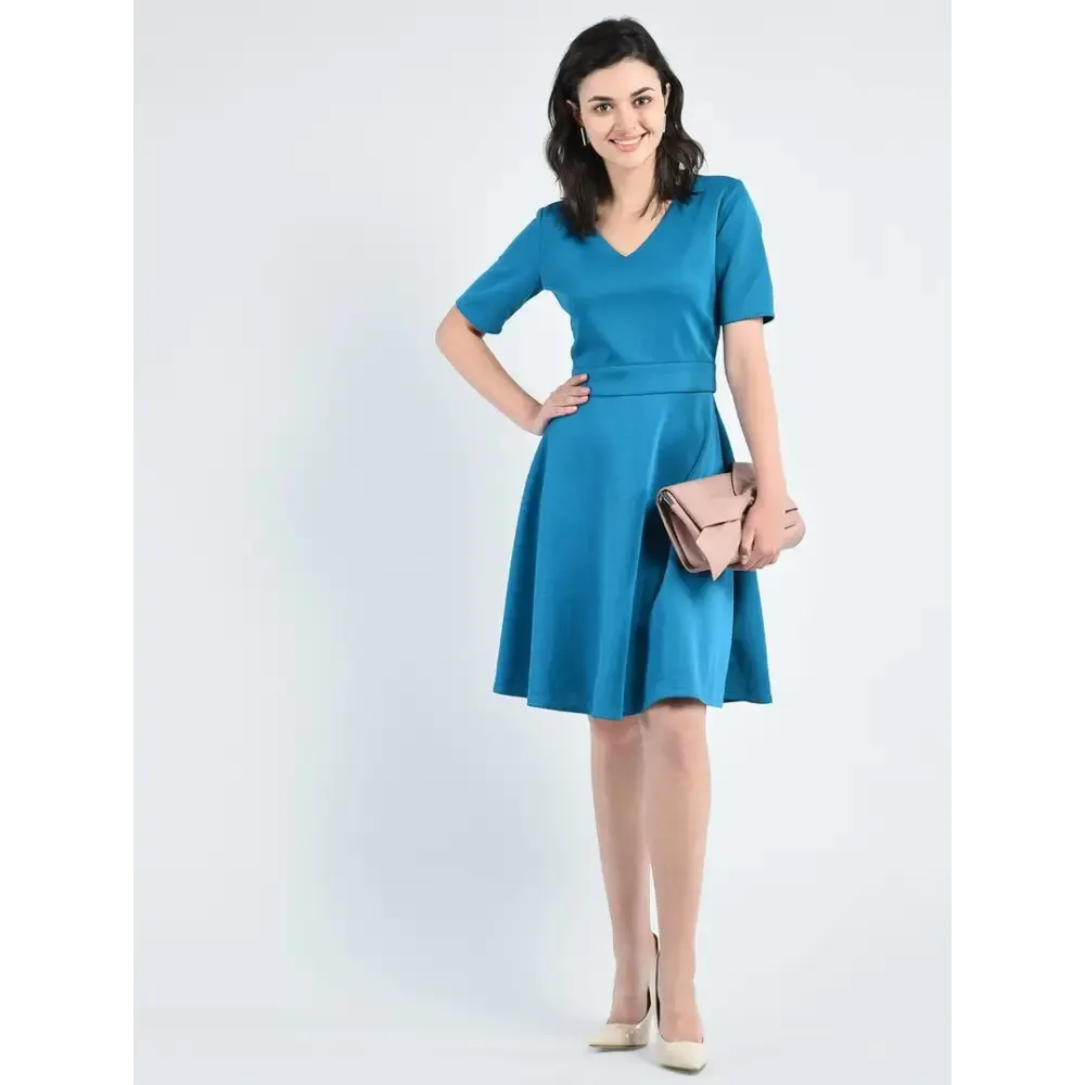 Elite Green Polyester Self Design V-Neck Knee Length Dress For Women