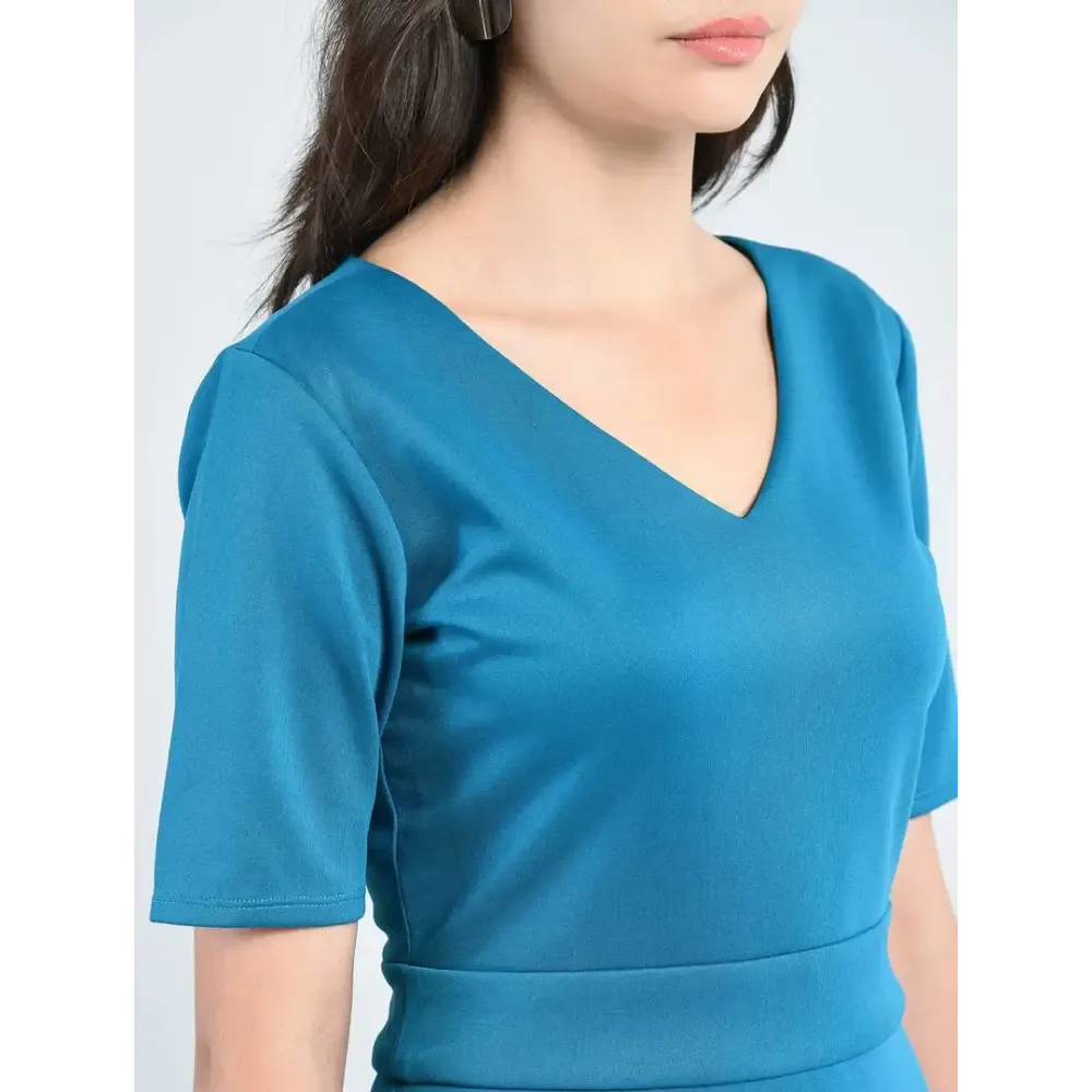 Elite Green Polyester Self Design V-Neck Knee Length Dress For Women