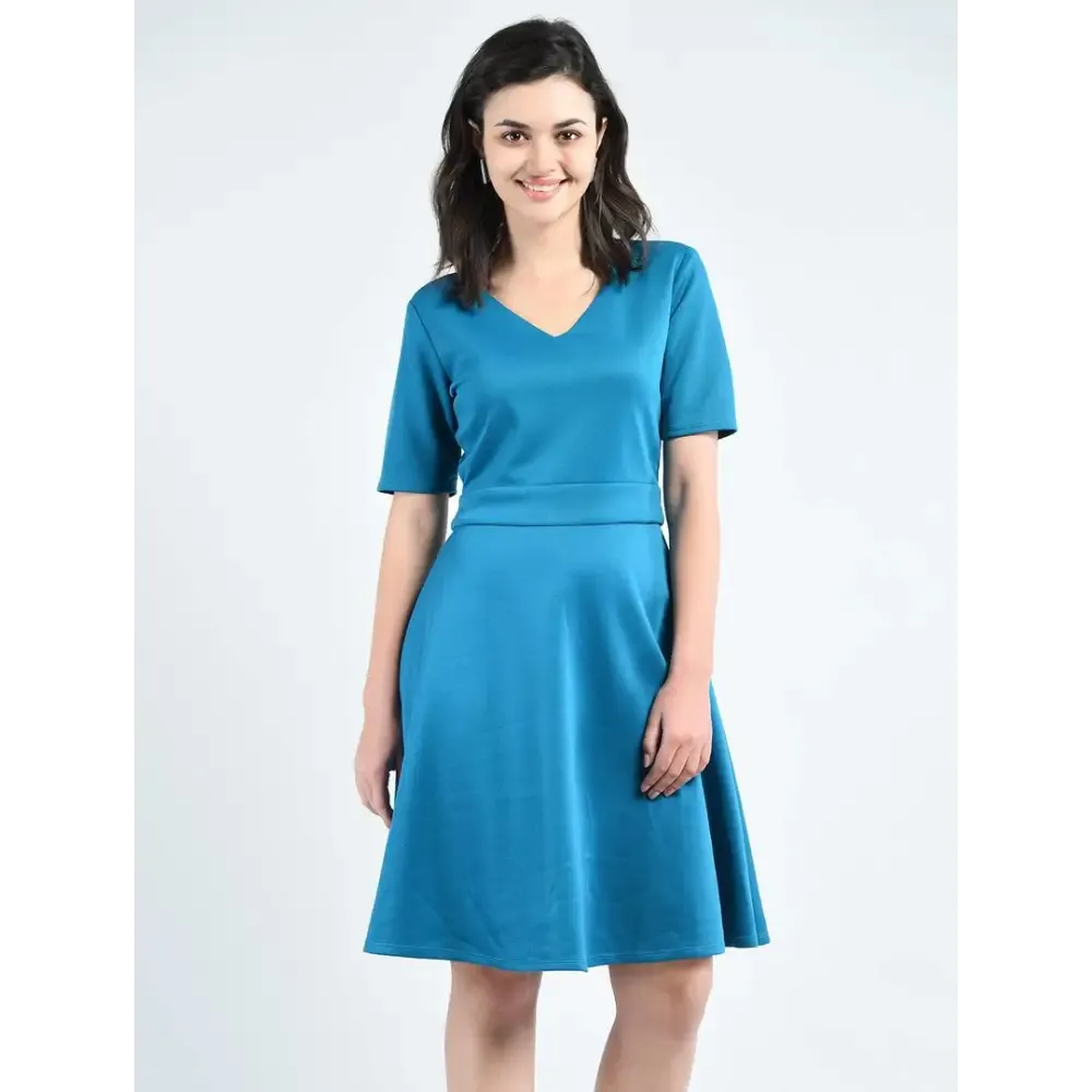 Elite Green Polyester Self Design V-Neck Knee Length Dress For Women