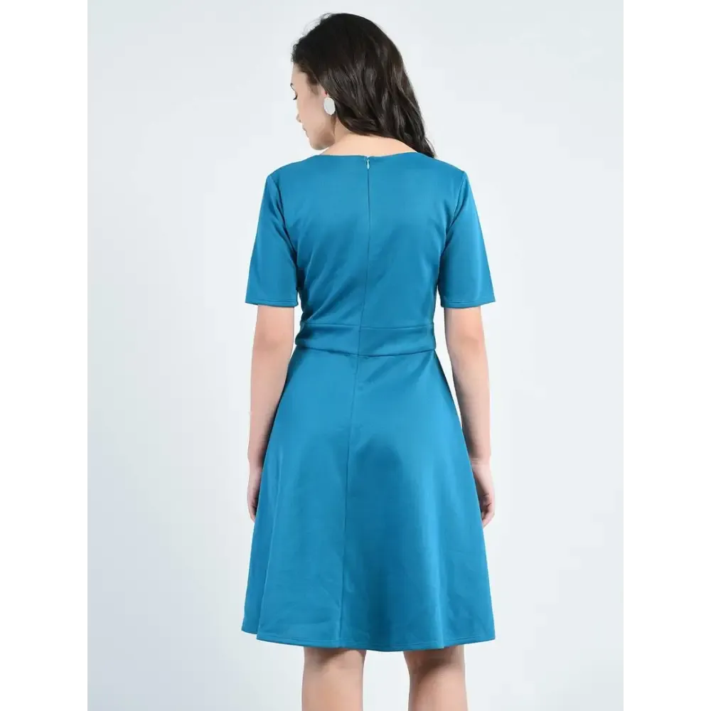 Elite Green Polyester Self Design V-Neck Knee Length Dress For Women