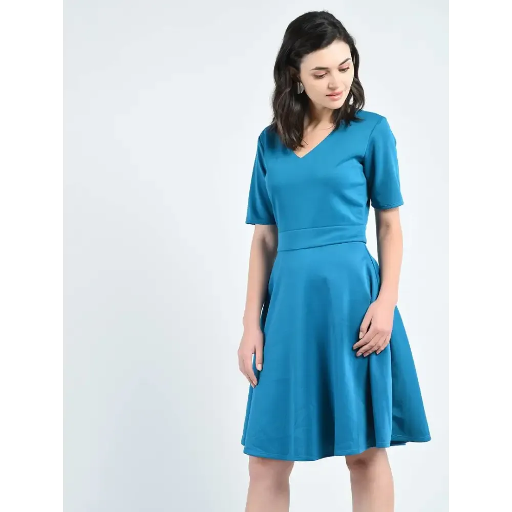 Elite Green Polyester Self Design V-Neck Knee Length Dress For Women