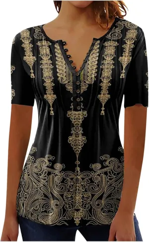 Empire Waist Button Down Shirts for Women Fashion Short Sleeve Floral Print Bohemian Tunic Tops Summer Causal Blouse
