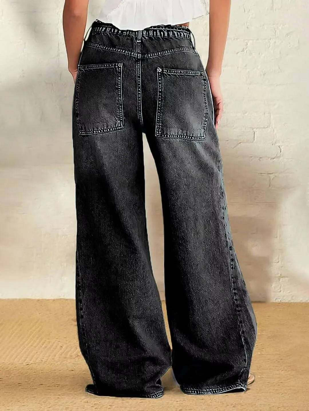 Flamingals Wide Leg Jeans for Women Drawsting Mid Waist Baggy Jeans Belted Wash Stitch Detai Trouser Jeans