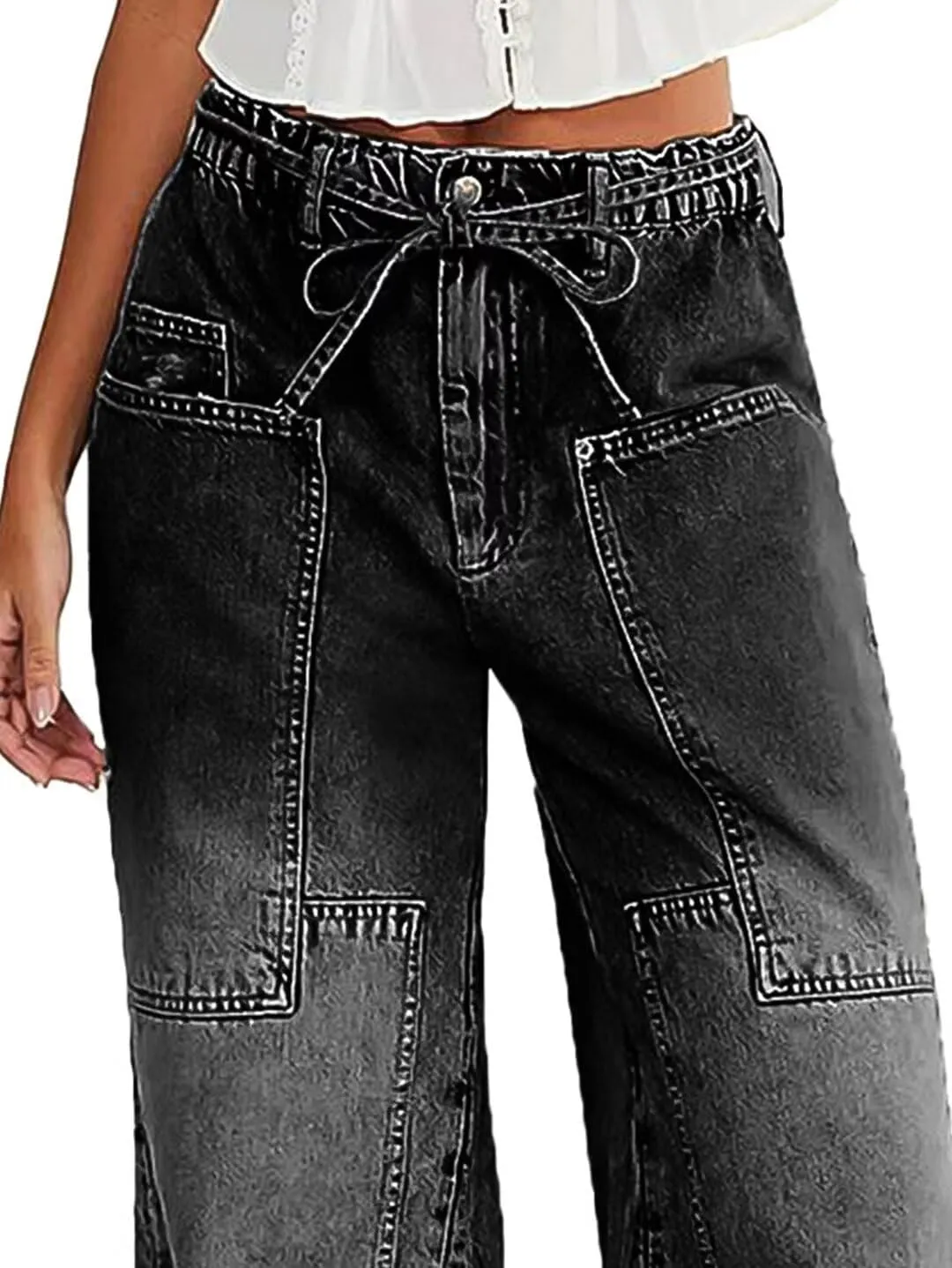 Flamingals Wide Leg Jeans for Women Drawsting Mid Waist Baggy Jeans Belted Wash Stitch Detai Trouser Jeans