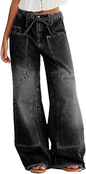 Flamingals Wide Leg Jeans for Women Drawsting Mid Waist Baggy Jeans Belted Wash Stitch Detai Trouser Jeans