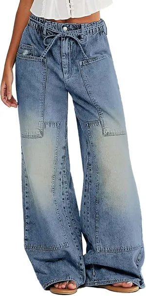 Flamingals Wide Leg Jeans for Women Drawsting Mid Waist Baggy Jeans Belted Wash Stitch Detai Trouser Jeans