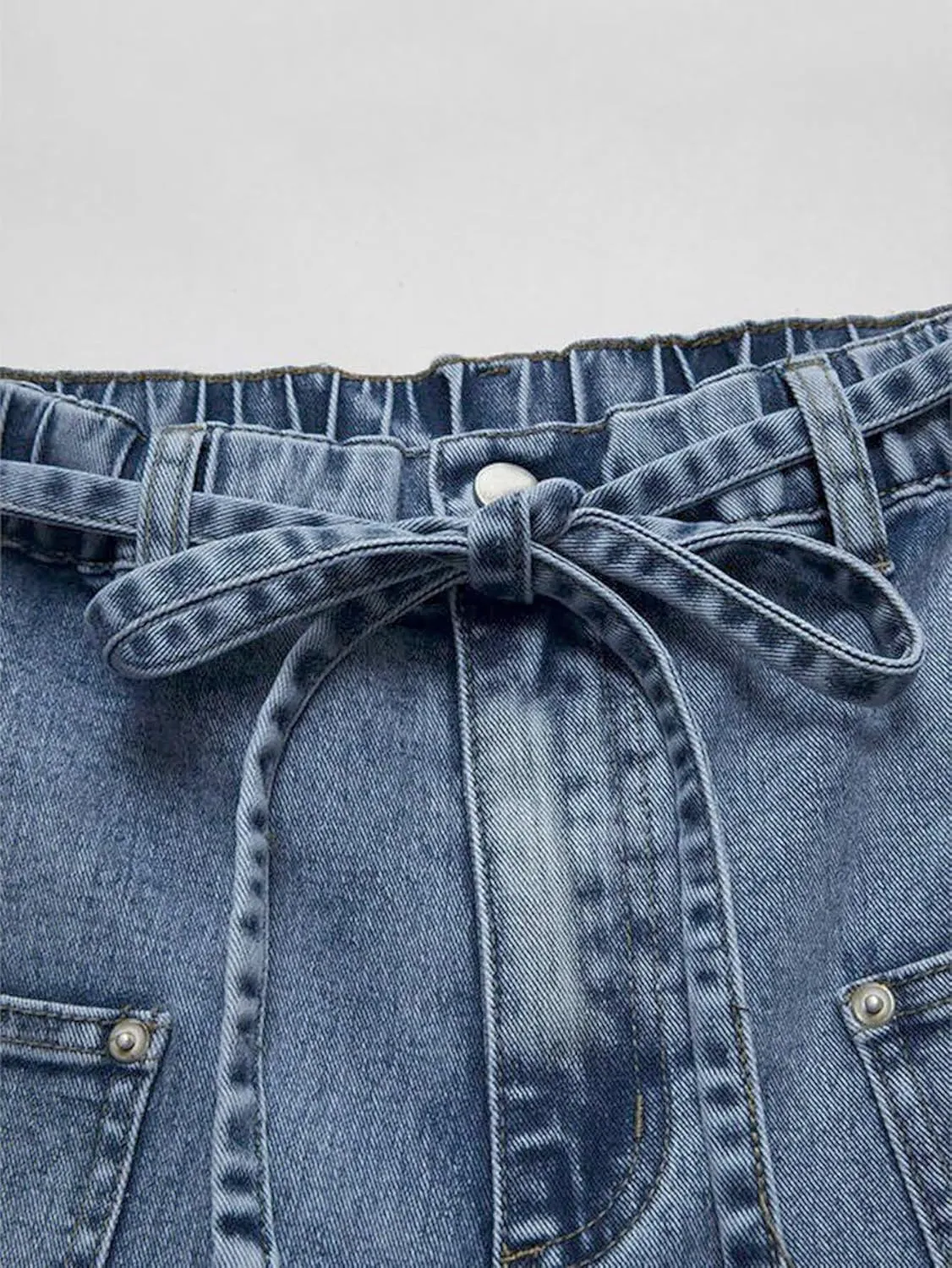 Flamingals Wide Leg Jeans for Women Drawsting Mid Waist Baggy Jeans Belted Wash Stitch Detai Trouser Jeans
