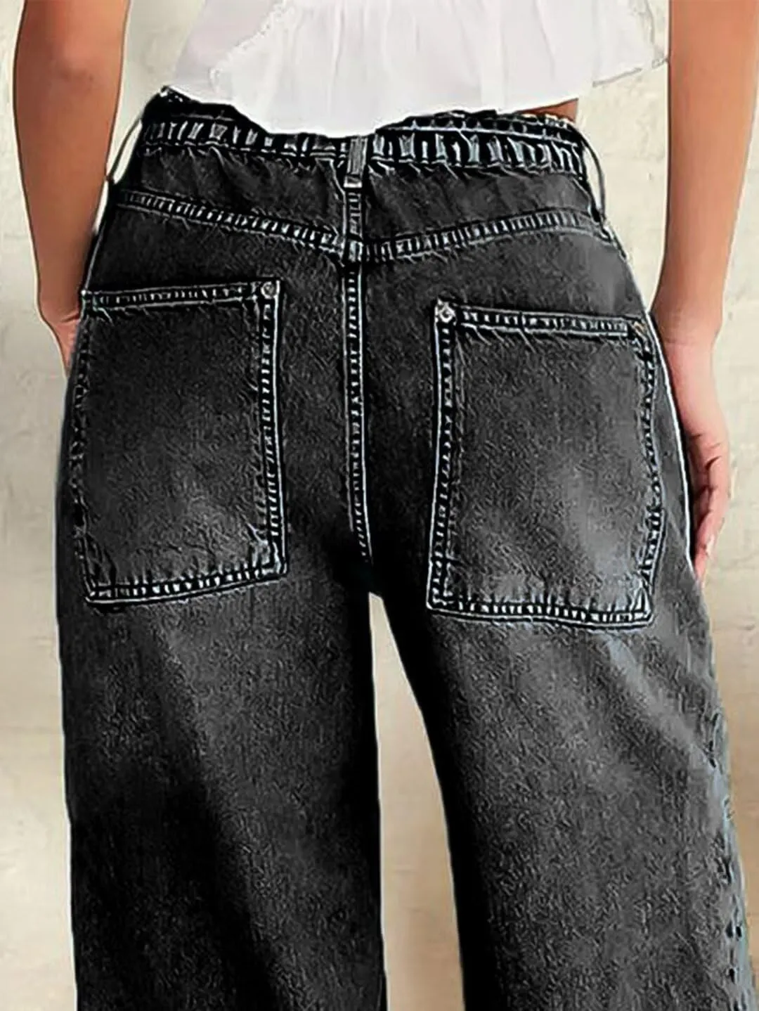 Flamingals Wide Leg Jeans for Women Drawsting Mid Waist Baggy Jeans Belted Wash Stitch Detai Trouser Jeans